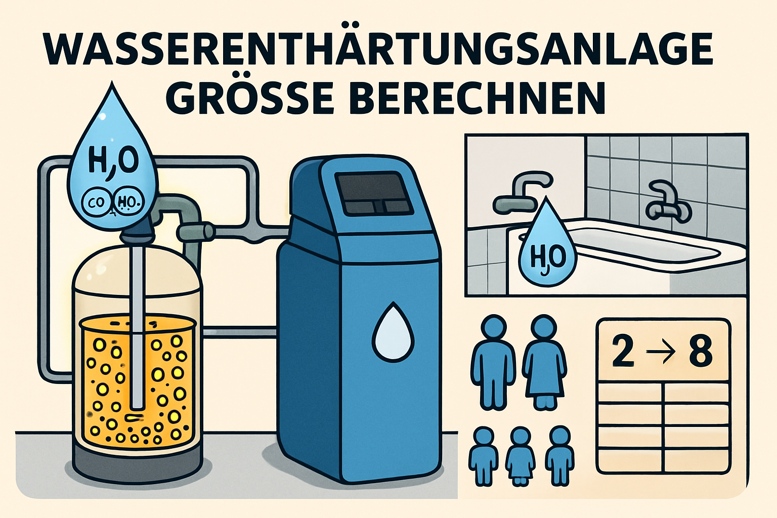 Technische Zeichnung zeigt verschiedene Größen von Wasserenthärtungsanlagen mit Maßangaben
