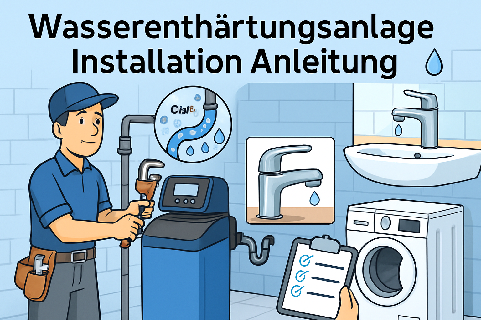 Fachmann installiert eine Wasserenthärtungsanlage im Keller mit Rohrleitungen und Werkzeug